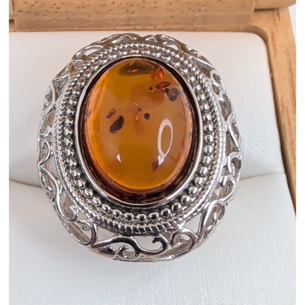 STS Jewels‎ Sterling Silver & Cognac Amber Pebbled Filigree Statement Ring
